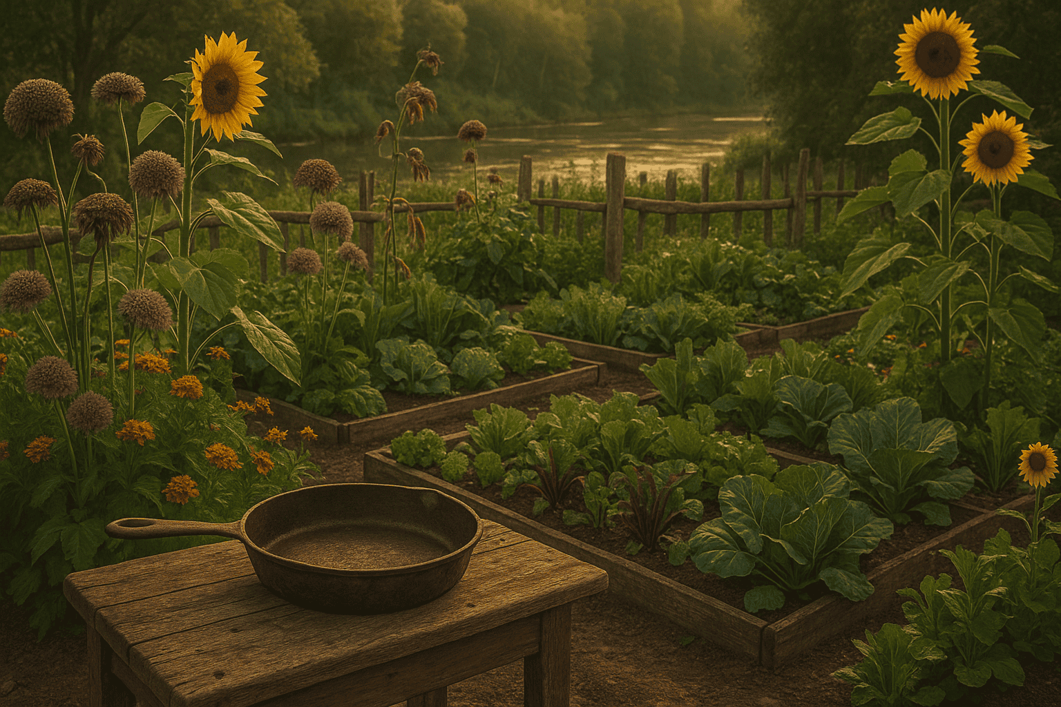 a pan on a table in a garden