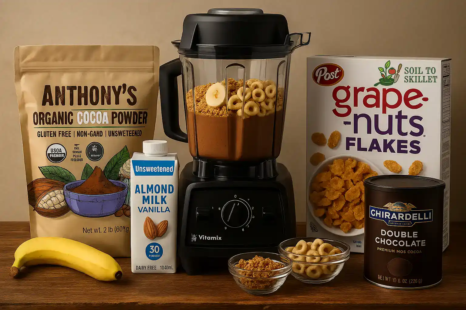 Healthy chocolate banana smoothie in a vitamix blender with a cereal crunch topping.