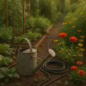 Picture of a watering can and drip irrigation in a garden