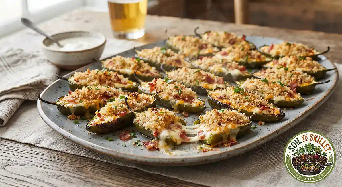 Garden-fresh jalapeño poppers stuffed with cream cheese, sharp cheddar, and crispy bacon, topped with toasted panko breadcrumbs and fresh chives on a serving platter
