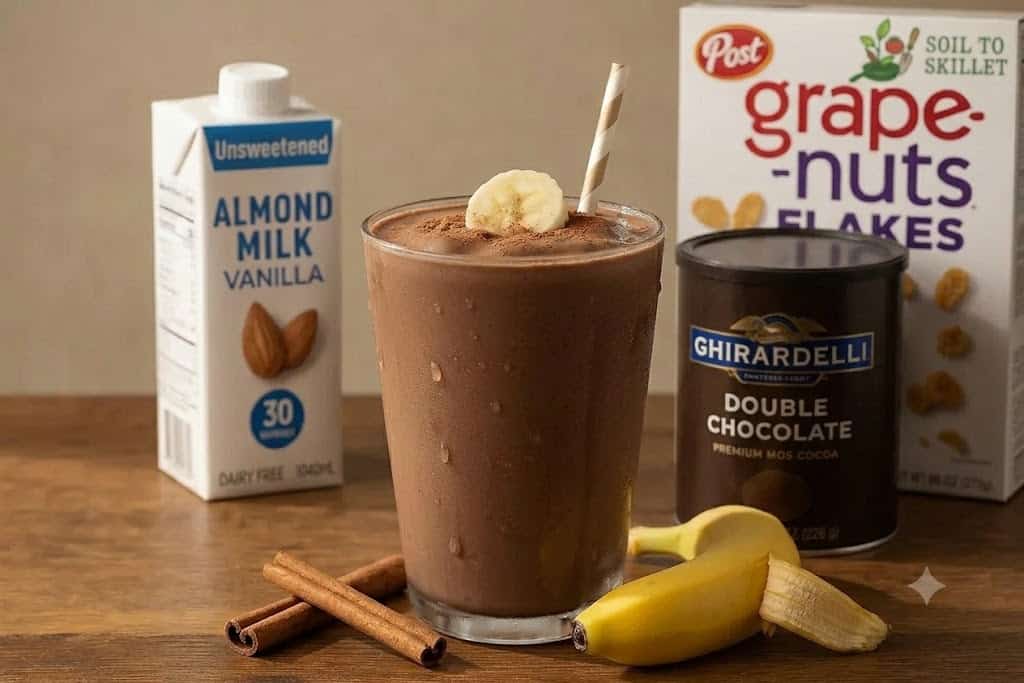 Healthy Chocolate Banana Smoothie with Cereal Crunch in a glass