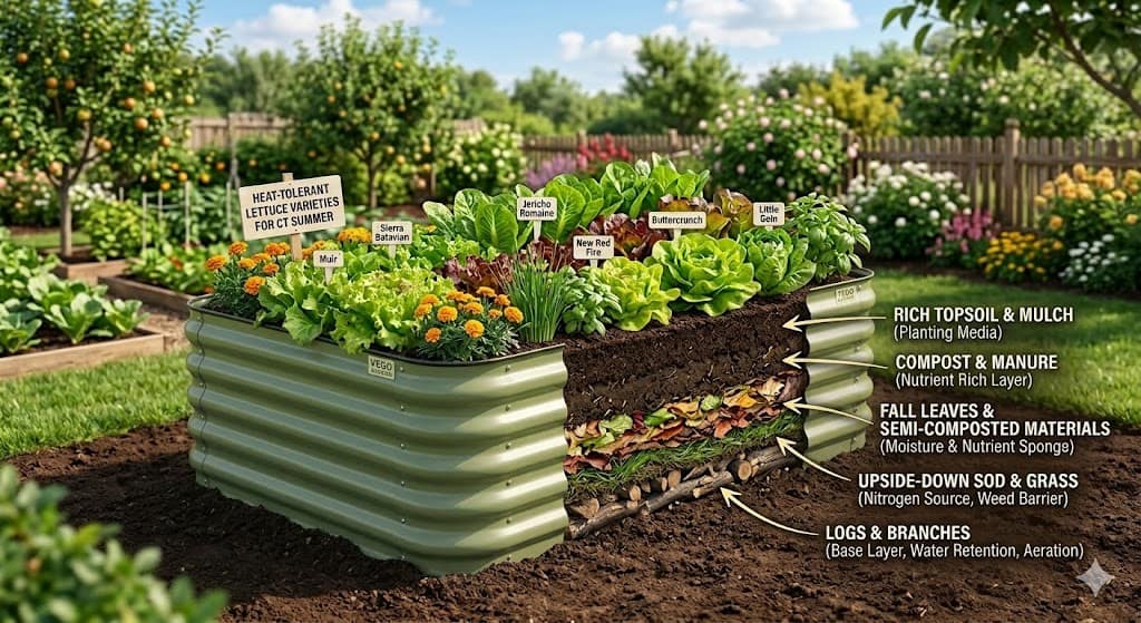 Vego Garden raised beds with Hugelkultur layers, tomatoes, peppers, lettuce and drip irrigation — Beat the Heat garden setup