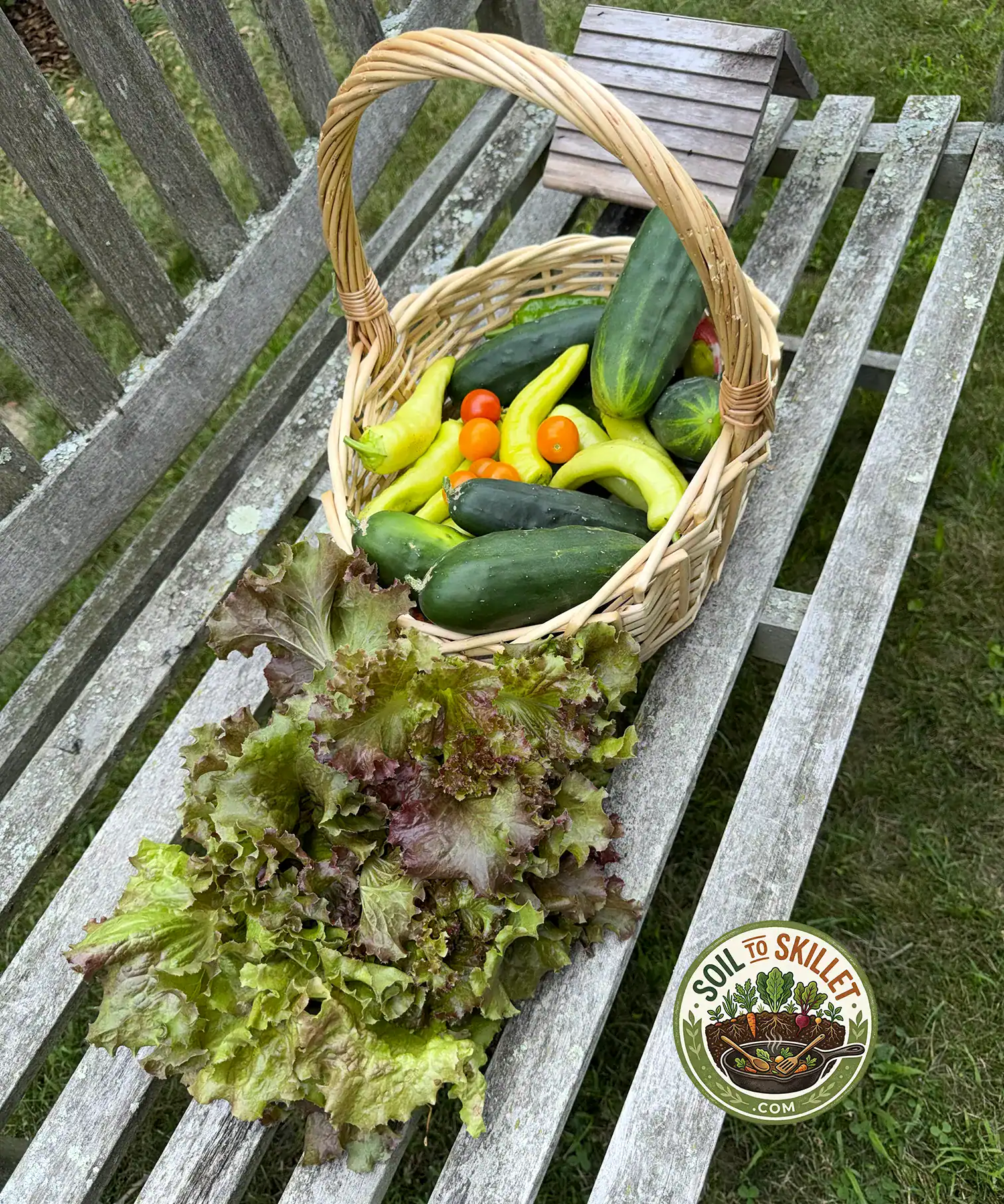 A fresh home garden harvest of colorful sweet peppers, cucumbers, tomatoes and crisp leaf lettuce in a basket